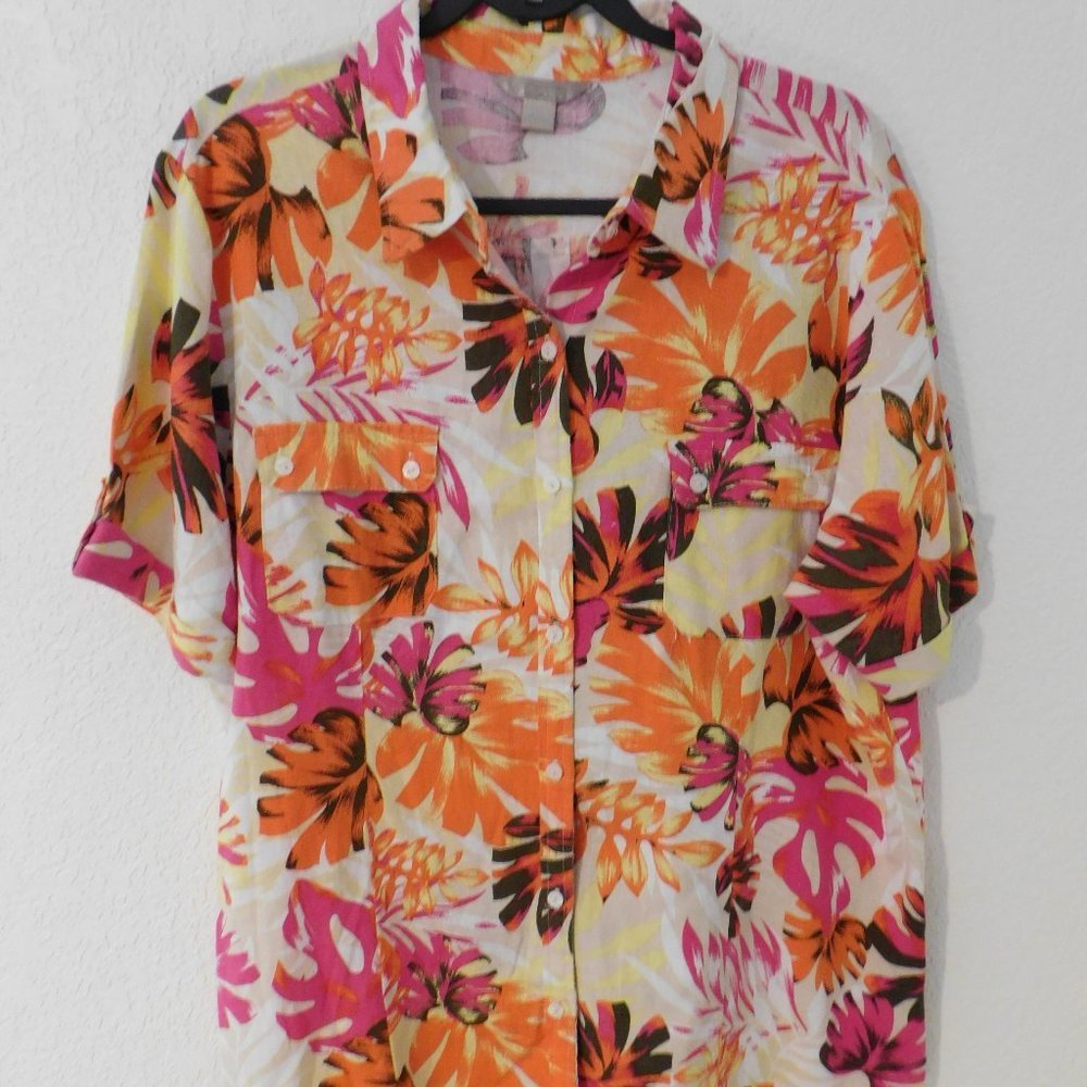 White Stag Button Front Shirt Womens XL Palm Print Linen Blend Camp Pockets